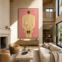 Ivory Stripes Stand against Rose - striped man portrait by Marcus Lau, retro modern vertical wall art – styled room scene view 4