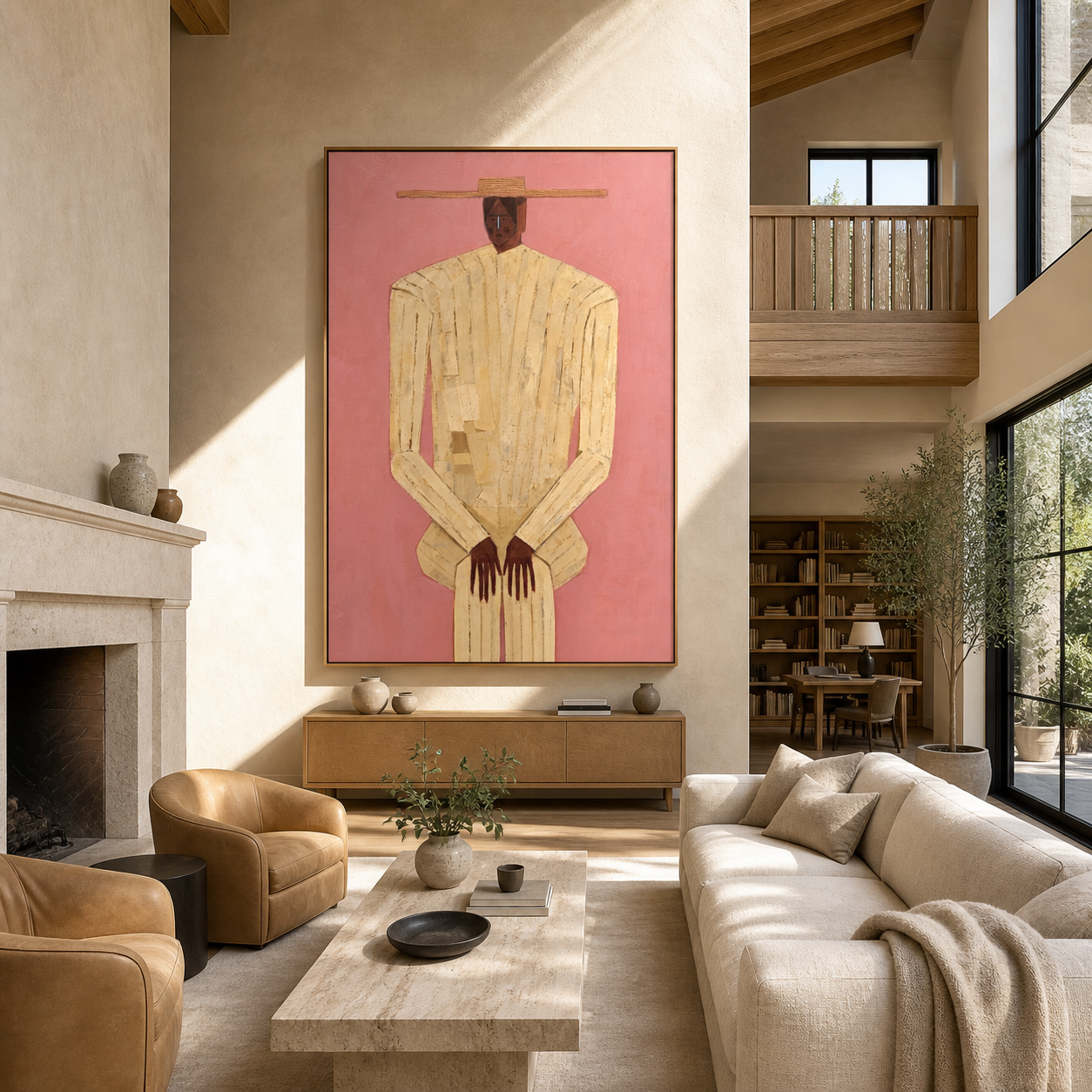 Ivory Stripes Stand against Rose - striped man portrait by Marcus Lau, retro modern vertical wall art – styled room scene view 4