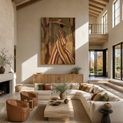 Autumn Stripes Walk through the Grove - striped coat woman painting by Marcus Lau, retro modern vertical wall art – styled room scene view 1