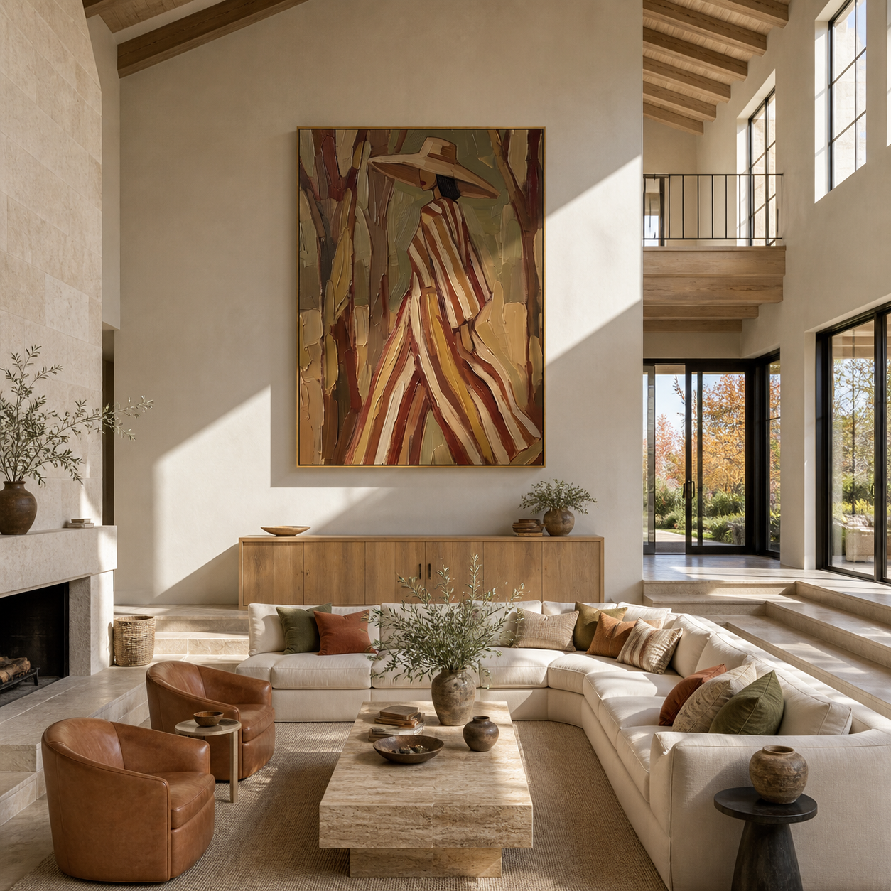 Autumn Stripes Walk through the Grove - striped coat woman painting by Marcus Lau, retro modern vertical wall art – styled room scene view 1