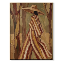 Autumn Stripes Walk through the Grove - striped coat woman painting by Marcus Lau, retro modern vertical wall art – wood frame on white background