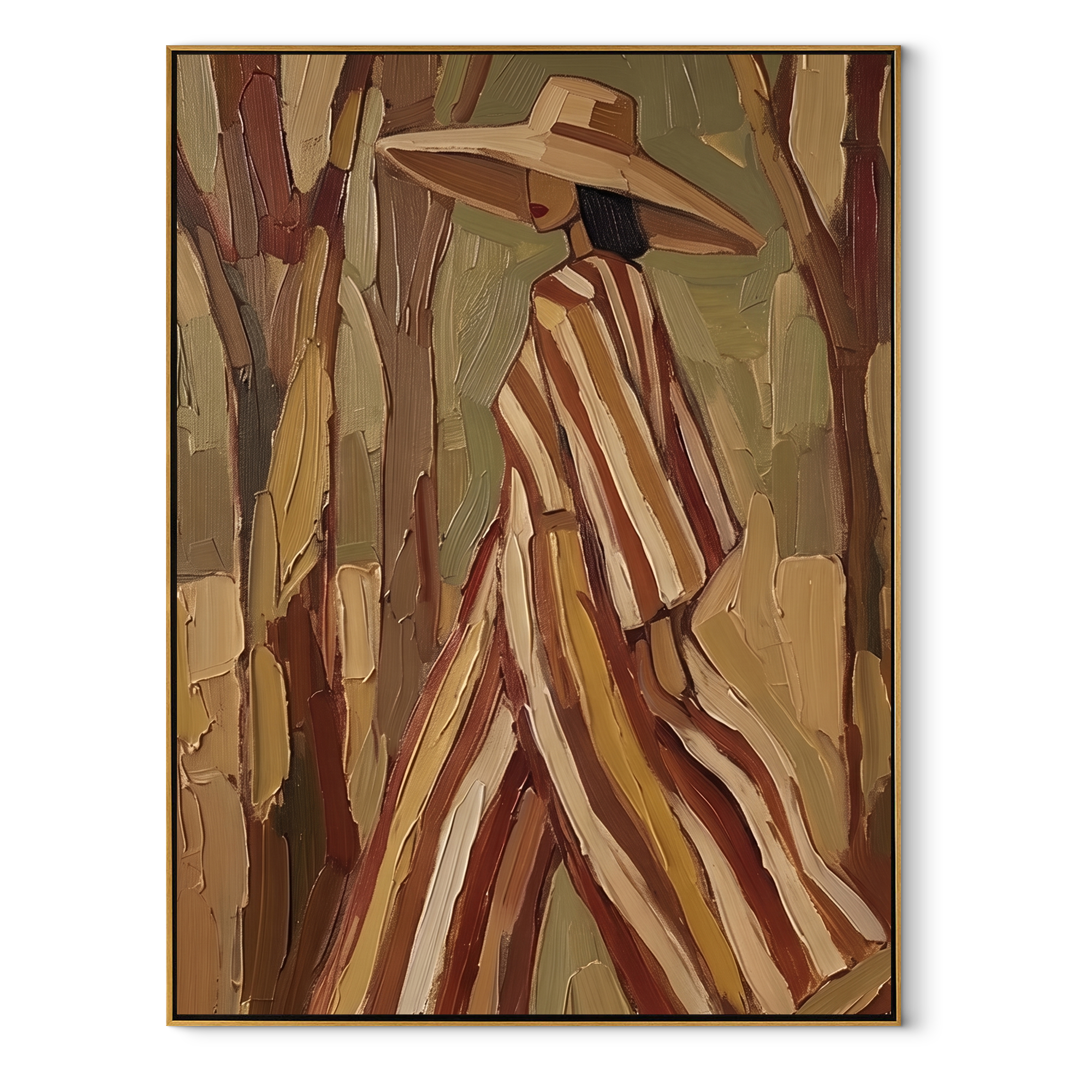 Autumn Stripes Walk through the Grove - striped coat woman painting by Marcus Lau, retro modern vertical wall art – wood frame on white background