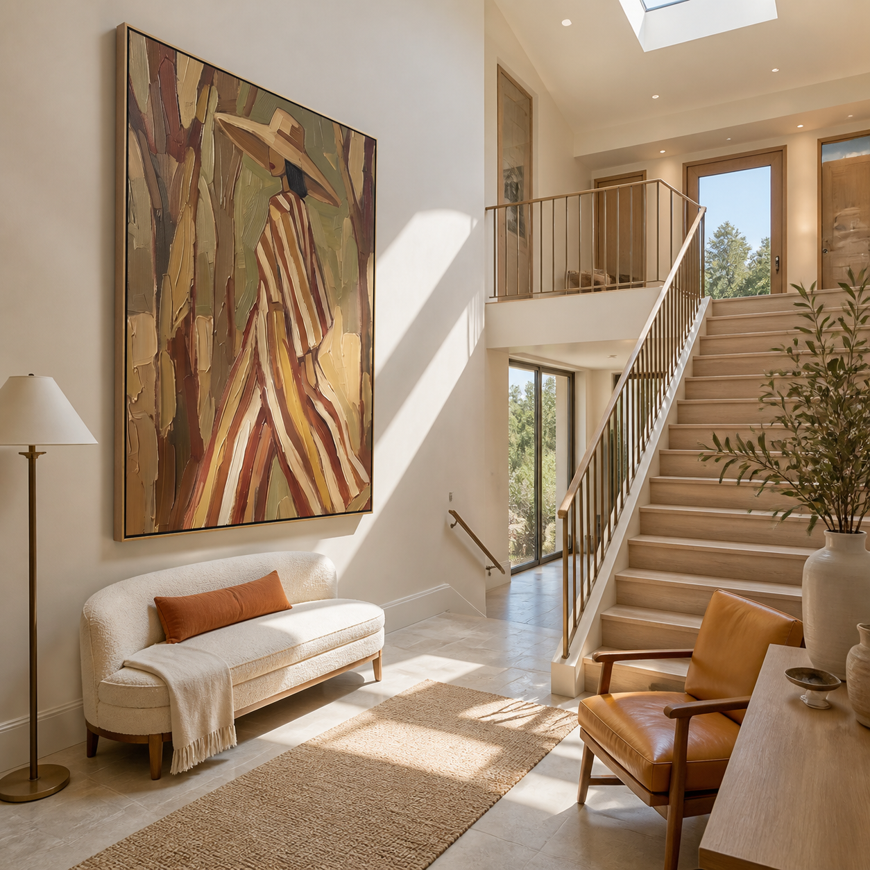 Autumn Stripes Walk through the Grove - striped coat woman painting by Marcus Lau, retro modern vertical wall art – styled room scene view 2