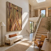Autumn Stripes Walk through the Grove - striped coat woman painting by Marcus Lau, retro modern vertical wall art – styled room scene view 2