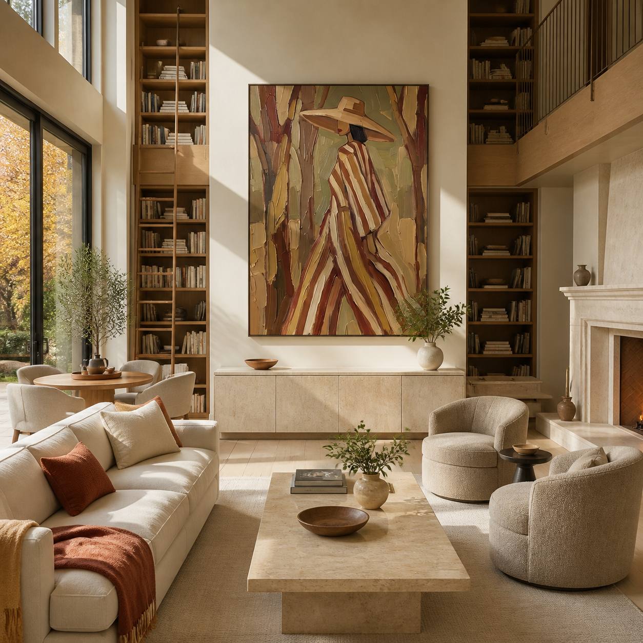 Autumn Stripes Walk through the Grove - striped coat woman painting by Marcus Lau, retro modern vertical wall art – styled room scene view 3