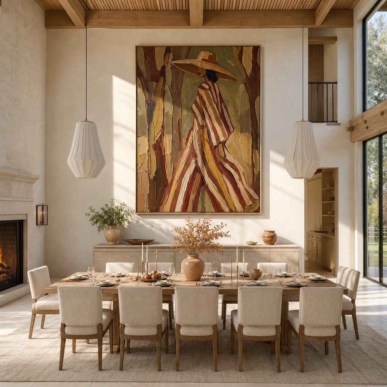 Autumn Stripes Walk through the Grove - striped coat woman painting by Marcus Lau, retro modern vertical wall art – styled room scene view 5