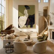 The White Dress Rides into Olive - woman on black horse painting by Marcus Lau, retro modern vertical wall art – styled room scene view 1