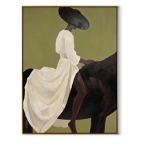 The White Dress Rides into Olive - woman on black horse painting by Marcus Lau, retro modern vertical wall art – wood frame on white background