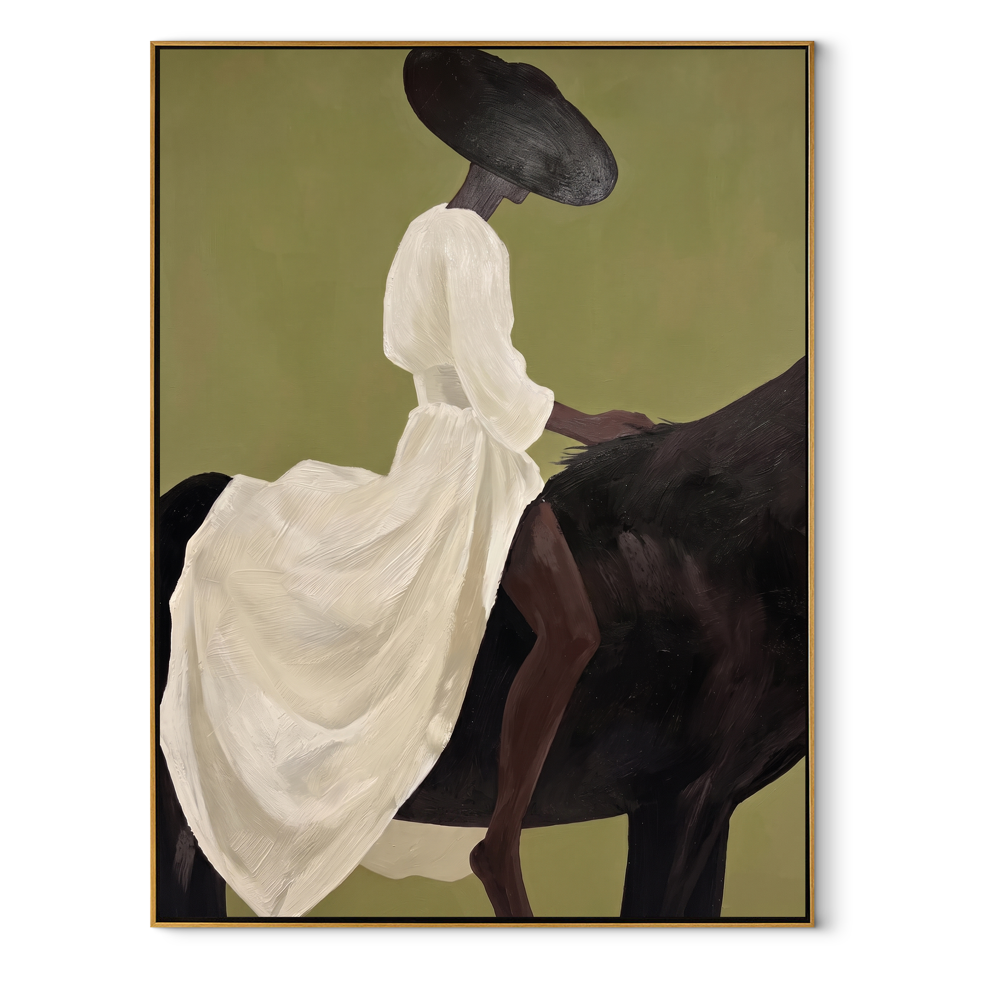 The White Dress Rides into Olive - woman on black horse painting by Marcus Lau, retro modern vertical wall art – wood frame on white background