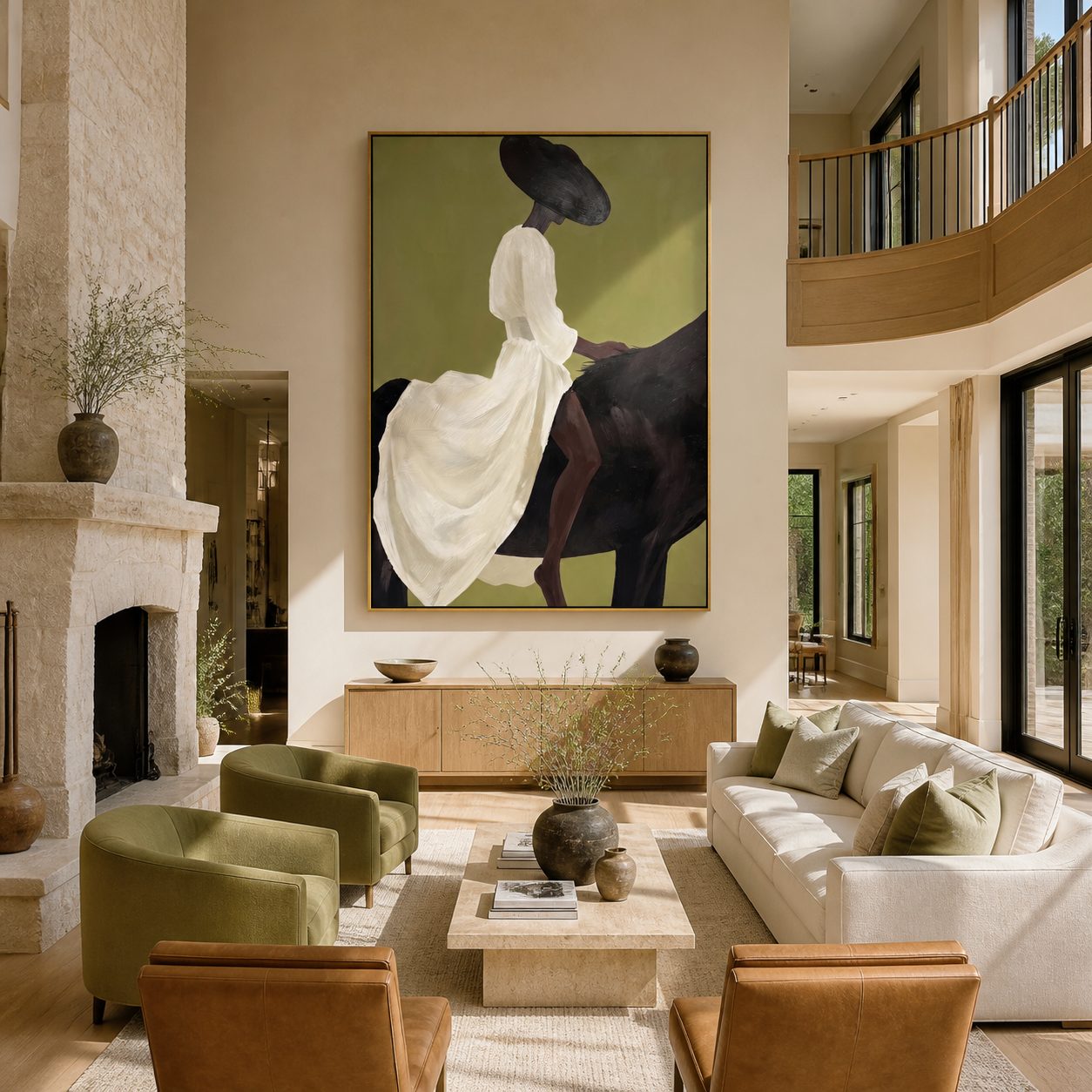 The White Dress Rides into Olive - woman on black horse painting by Marcus Lau, retro modern vertical wall art – styled room scene view 2