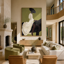 The White Dress Rides into Olive - woman on black horse painting by Marcus Lau, retro modern vertical wall art – styled room scene view 2