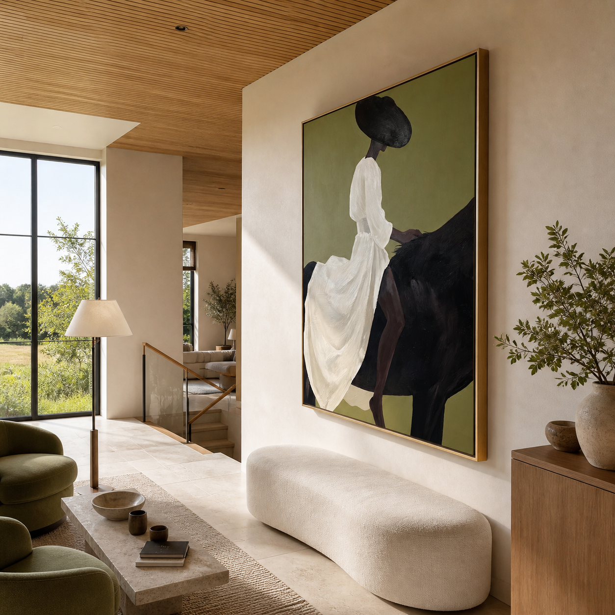 The White Dress Rides into Olive - woman on black horse painting by Marcus Lau, retro modern vertical wall art – styled room scene view 3