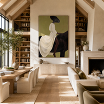 The White Dress Rides into Olive - woman on black horse painting by Marcus Lau, retro modern vertical wall art – styled room scene view 4