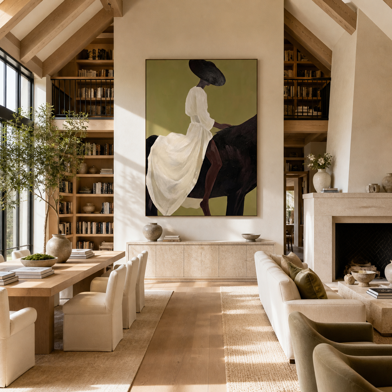 The White Dress Rides into Olive - woman on black horse painting by Marcus Lau, retro modern vertical wall art – styled room scene view 4