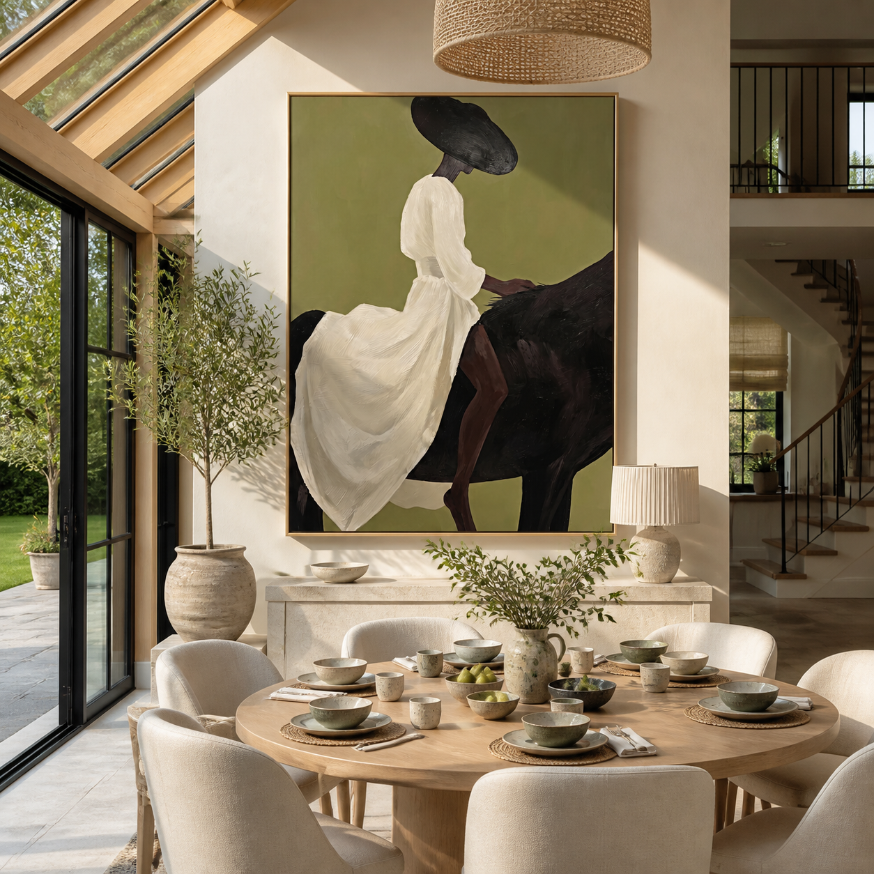 The White Dress Rides into Olive - woman on black horse painting by Marcus Lau, retro modern vertical wall art – styled room scene view 5
