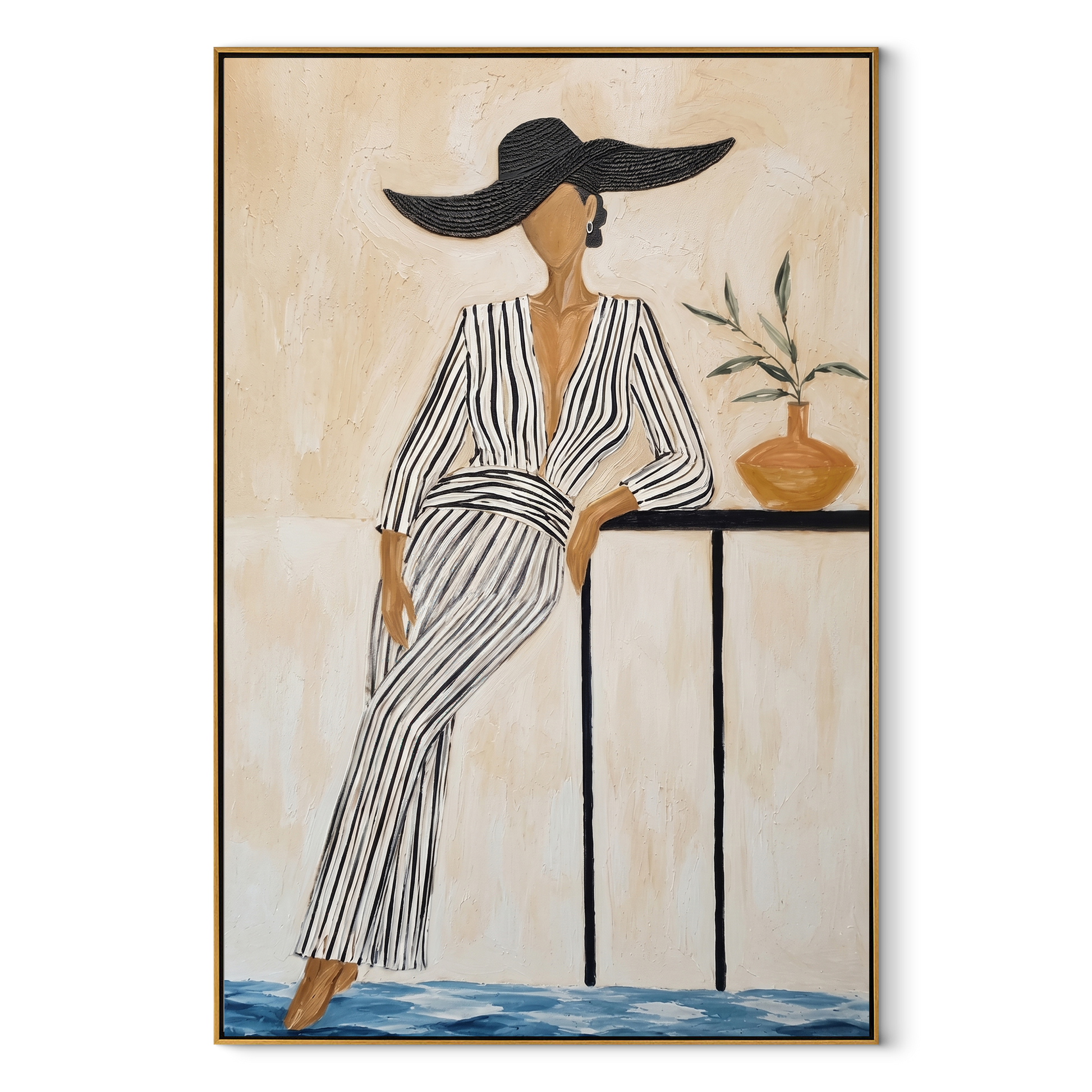 Black Waves Cross the Striped Dress - striped dress woman painting by Marcus Lau, retro modern vertical wall art – wood frame on white background