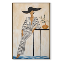 Black Waves Cross the Striped Dress - striped dress woman painting by Marcus Lau, retro modern vertical wall art – wood frame on white background