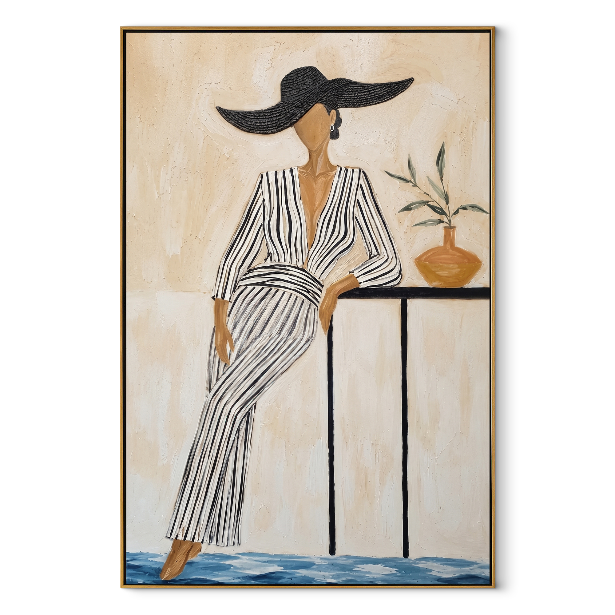 Black Waves Cross the Striped Dress - striped dress woman painting by Marcus Lau, retro modern vertical wall art – wood frame on white background