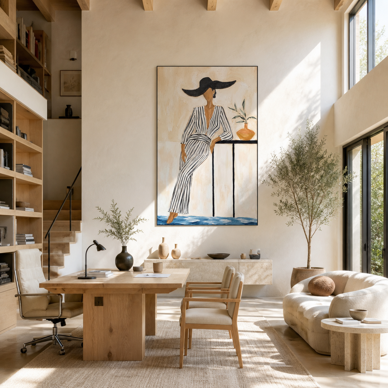 Black Waves Cross the Striped Dress - striped dress woman painting by Marcus Lau, retro modern vertical wall art – styled room scene view 3