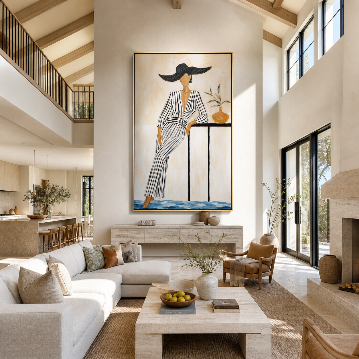Black Waves Cross the Striped Dress - striped dress woman painting by Marcus Lau, retro modern vertical wall art – styled room scene view 4