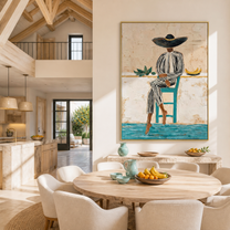 Stripes Rest above the Blue Floor - seated striped woman painting by Marcus Lau, retro modern vertical wall art – styled room scene view 1