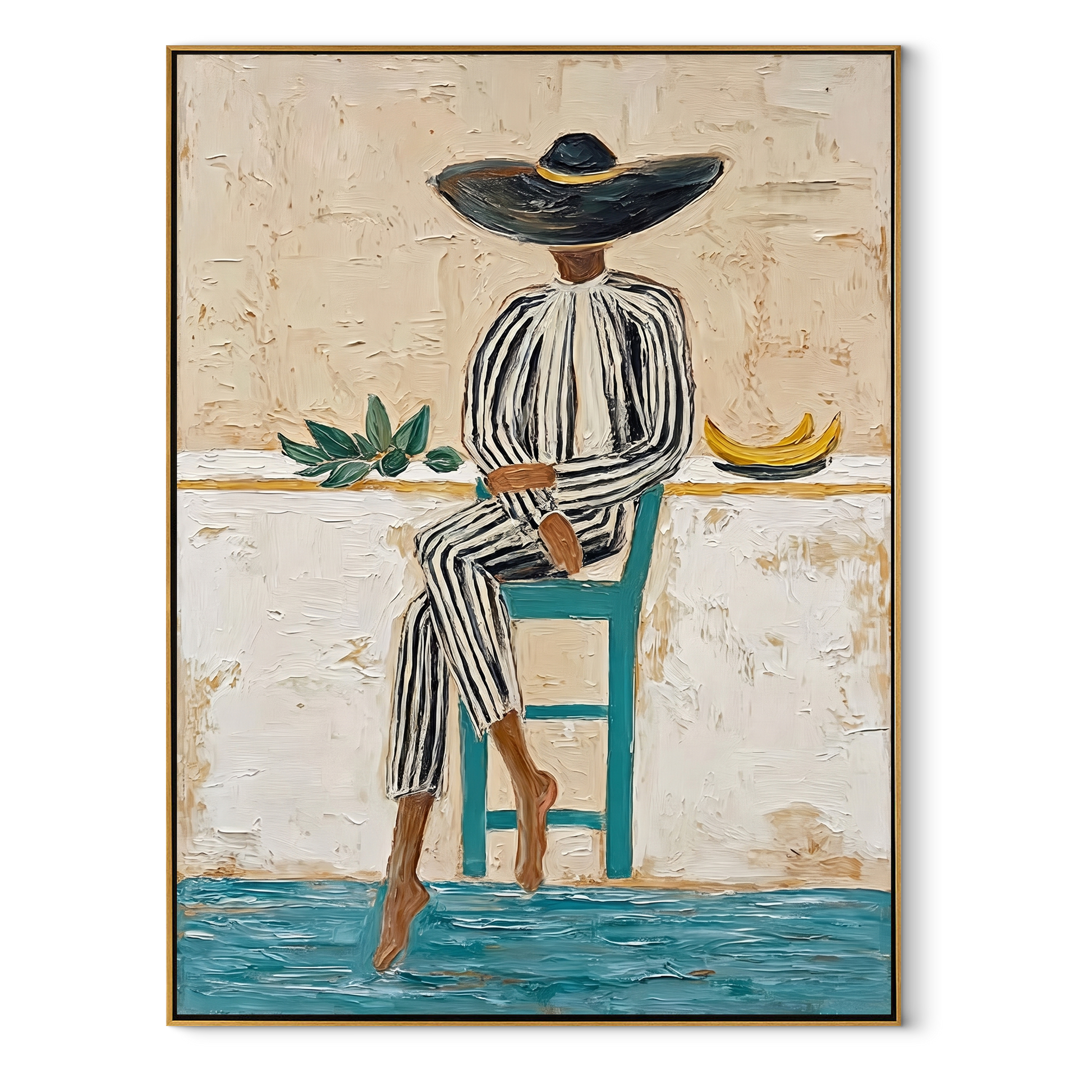 Stripes Rest above the Blue Floor - seated striped woman painting by Marcus Lau, retro modern vertical wall art – wood frame on white background