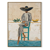 Stripes Rest above the Blue Floor - seated striped woman painting by Marcus Lau, retro modern vertical wall art – wood frame on white background