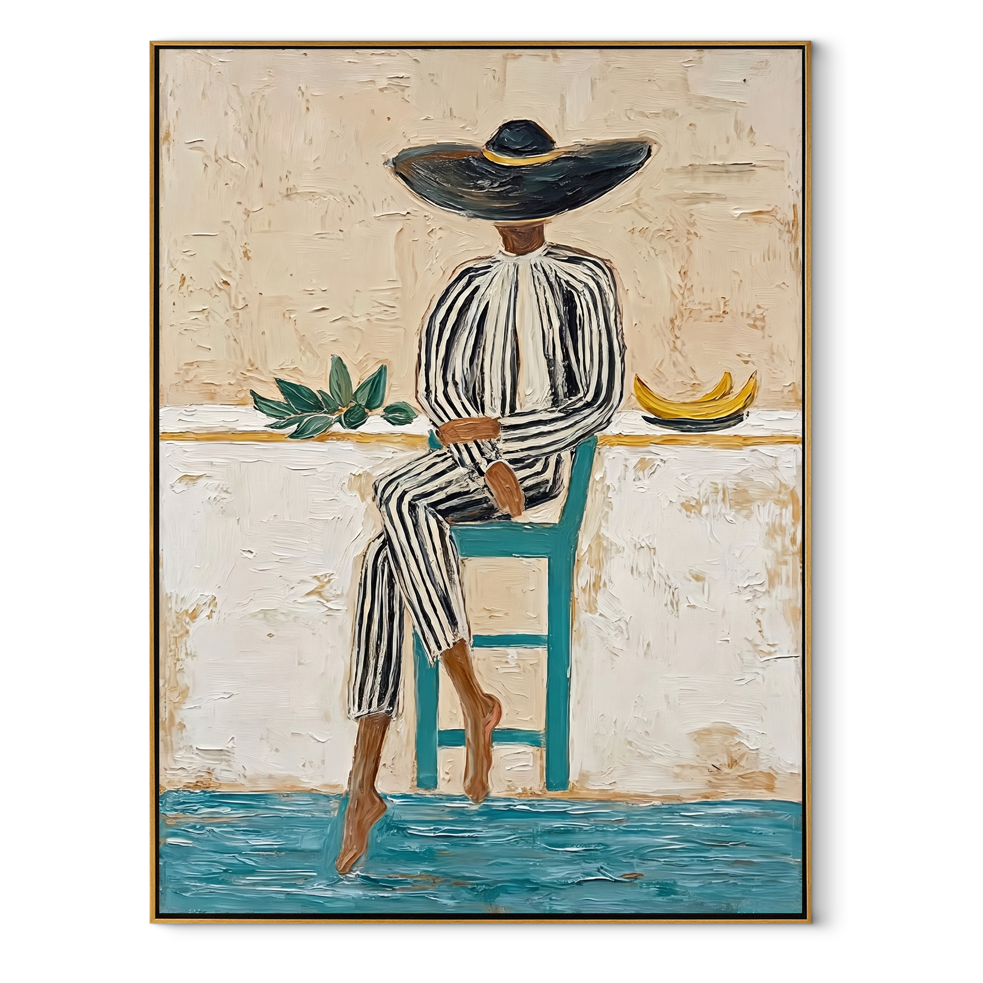 Stripes Rest above the Blue Floor - seated striped woman painting by Marcus Lau, retro modern vertical wall art – wood frame on white background