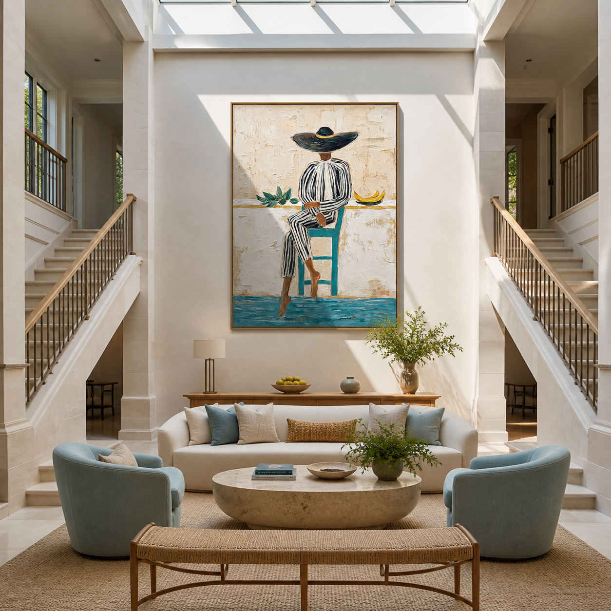 Stripes Rest above the Blue Floor - seated striped woman painting by Marcus Lau, retro modern vertical wall art – styled room scene view 2