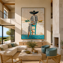 Stripes Rest above the Blue Floor - seated striped woman painting by Marcus Lau, retro modern vertical wall art – styled room scene view 3