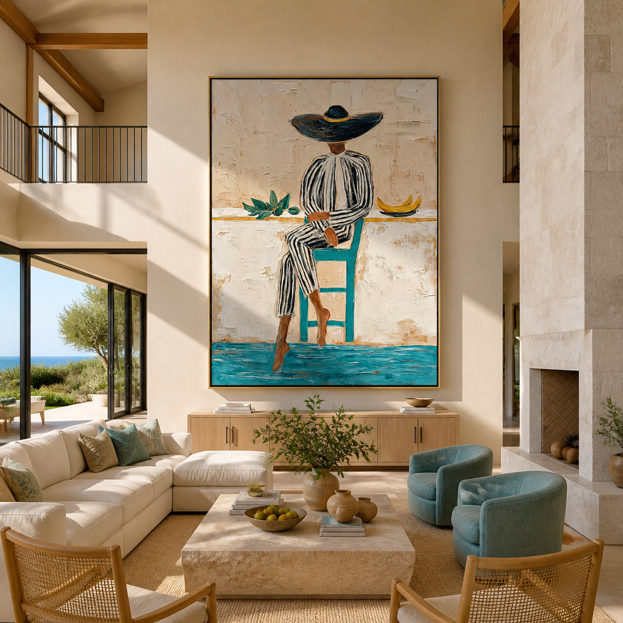 Stripes Rest above the Blue Floor - seated striped woman painting by Marcus Lau, retro modern vertical wall art – styled room scene view 3