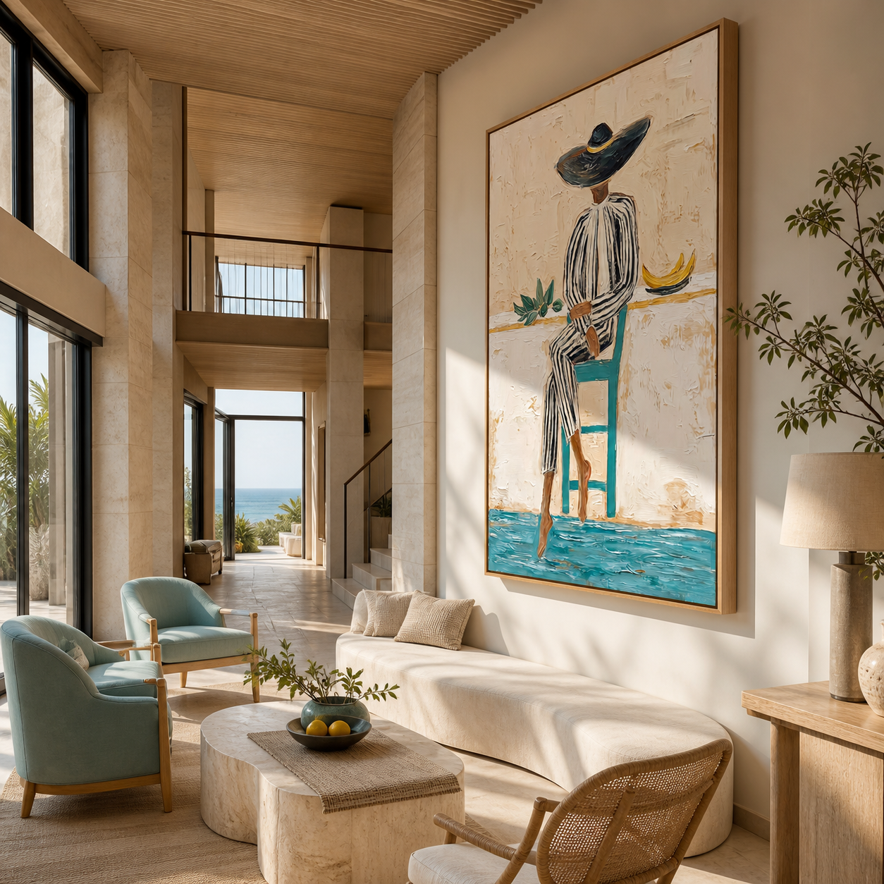 Stripes Rest above the Blue Floor - seated striped woman painting by Marcus Lau, retro modern vertical wall art – styled room scene view 4