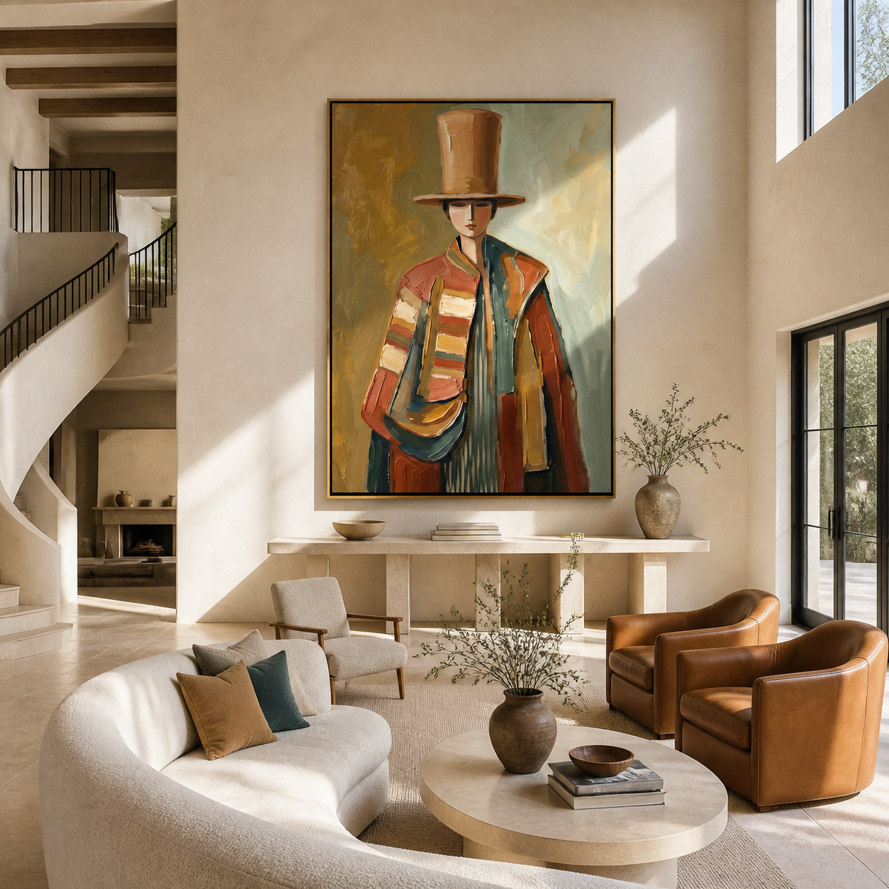 The Tall Hat Carries Autumn - top hat fashion figure painting by Marcus Lau, retro modern vertical wall art – styled room scene view 1