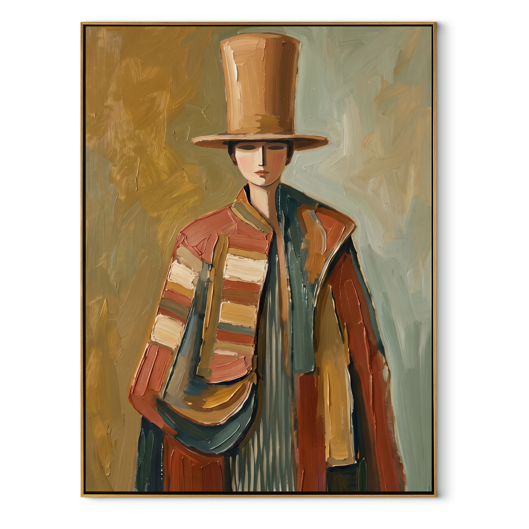 The Tall Hat Carries Autumn - top hat fashion figure painting by Marcus Lau, retro modern vertical wall art – wood frame on white background