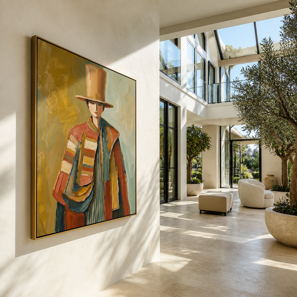 The Tall Hat Carries Autumn - top hat fashion figure painting by Marcus Lau, retro modern vertical wall art – styled room scene view 2