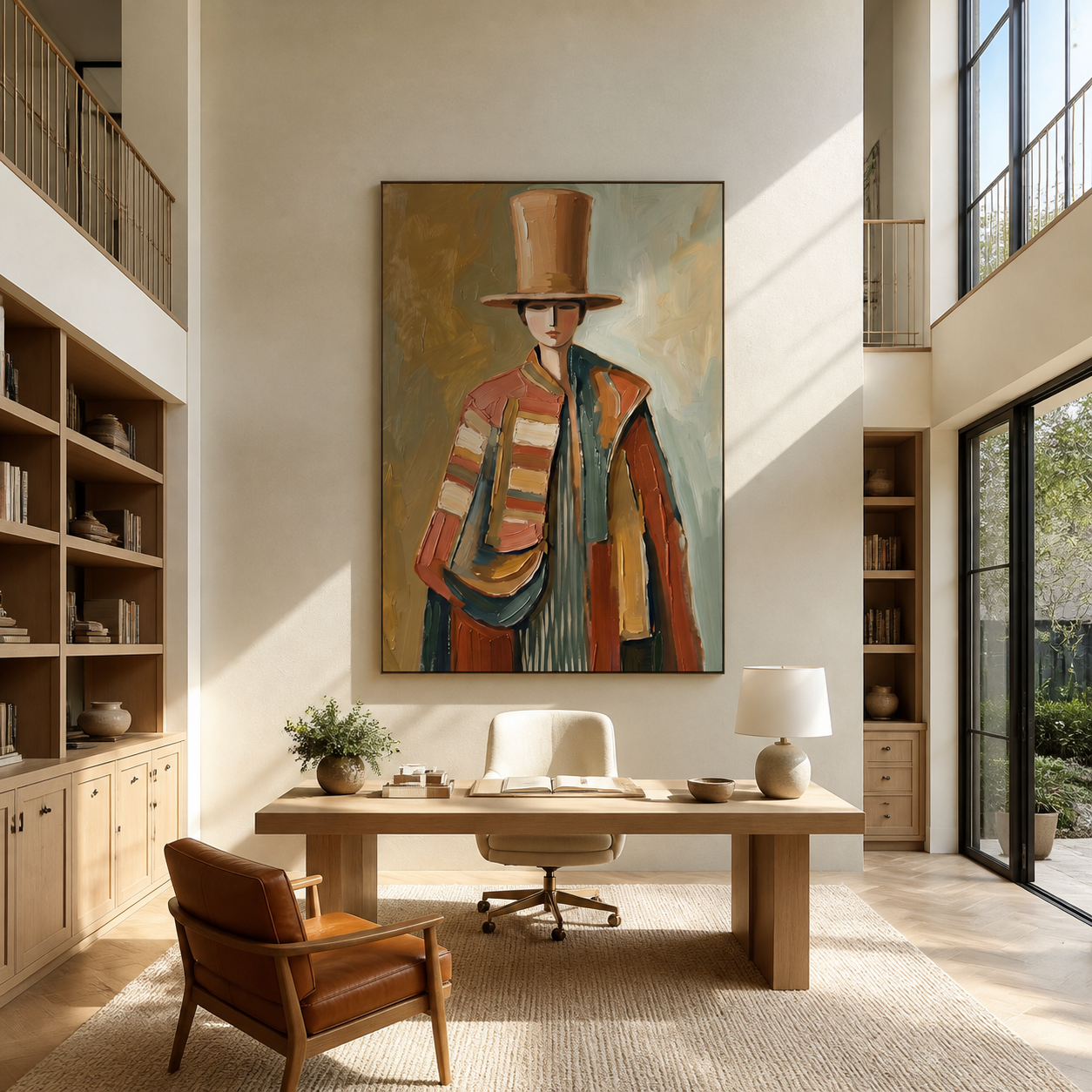 The Tall Hat Carries Autumn - top hat fashion figure painting by Marcus Lau, retro modern vertical wall art – styled room scene view 3