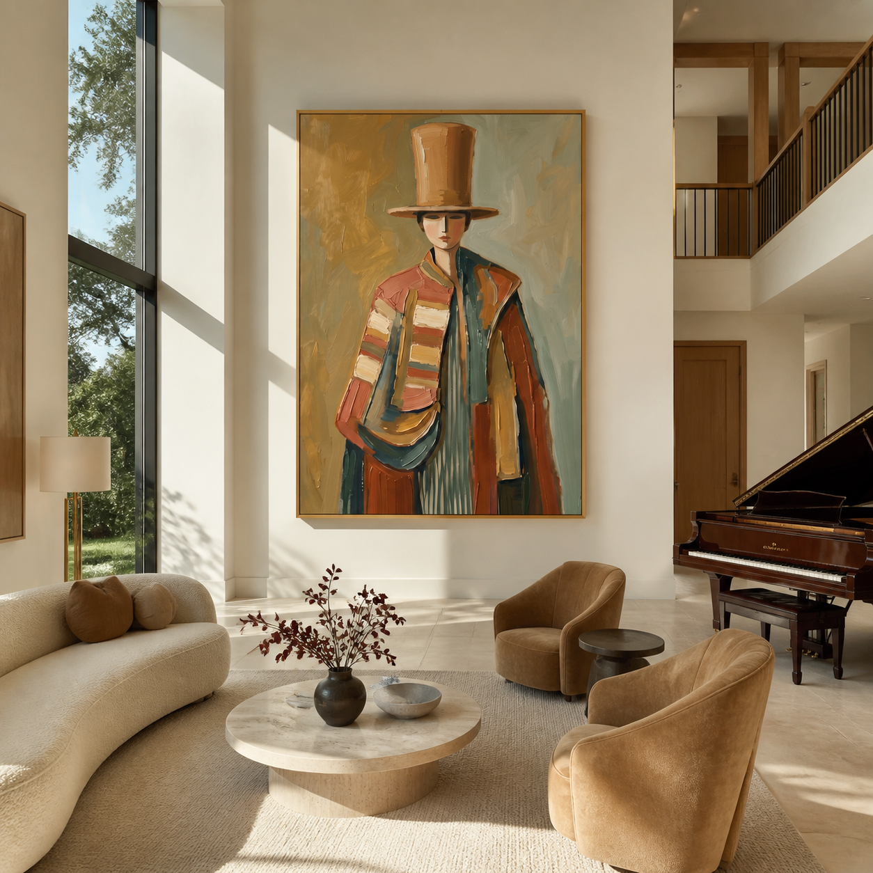 The Tall Hat Carries Autumn - top hat fashion figure painting by Marcus Lau, retro modern vertical wall art – styled room scene view 4