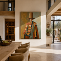 The Tall Hat Carries Autumn - top hat fashion figure painting by Marcus Lau, retro modern vertical wall art – styled room scene view 5
