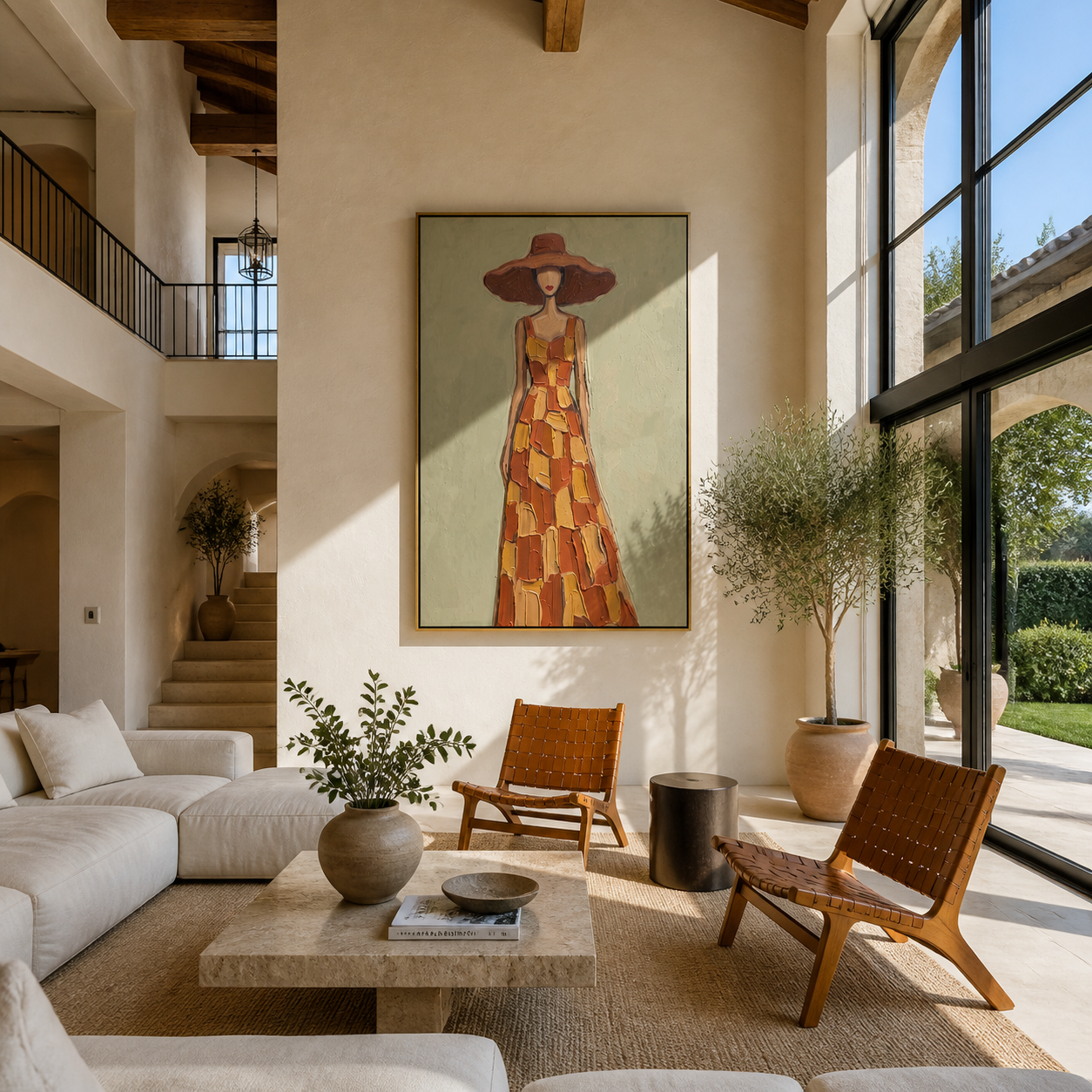 Ochre Checks Walk beneath the Brown Brim - checkered dress woman painting by Marcus Lau, retro modern vertical wall art – styled room scene view 1