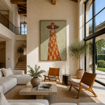 Ochre Checks Walk beneath the Brown Brim - checkered dress woman painting by Marcus Lau, retro modern vertical wall art – styled room scene view 1
