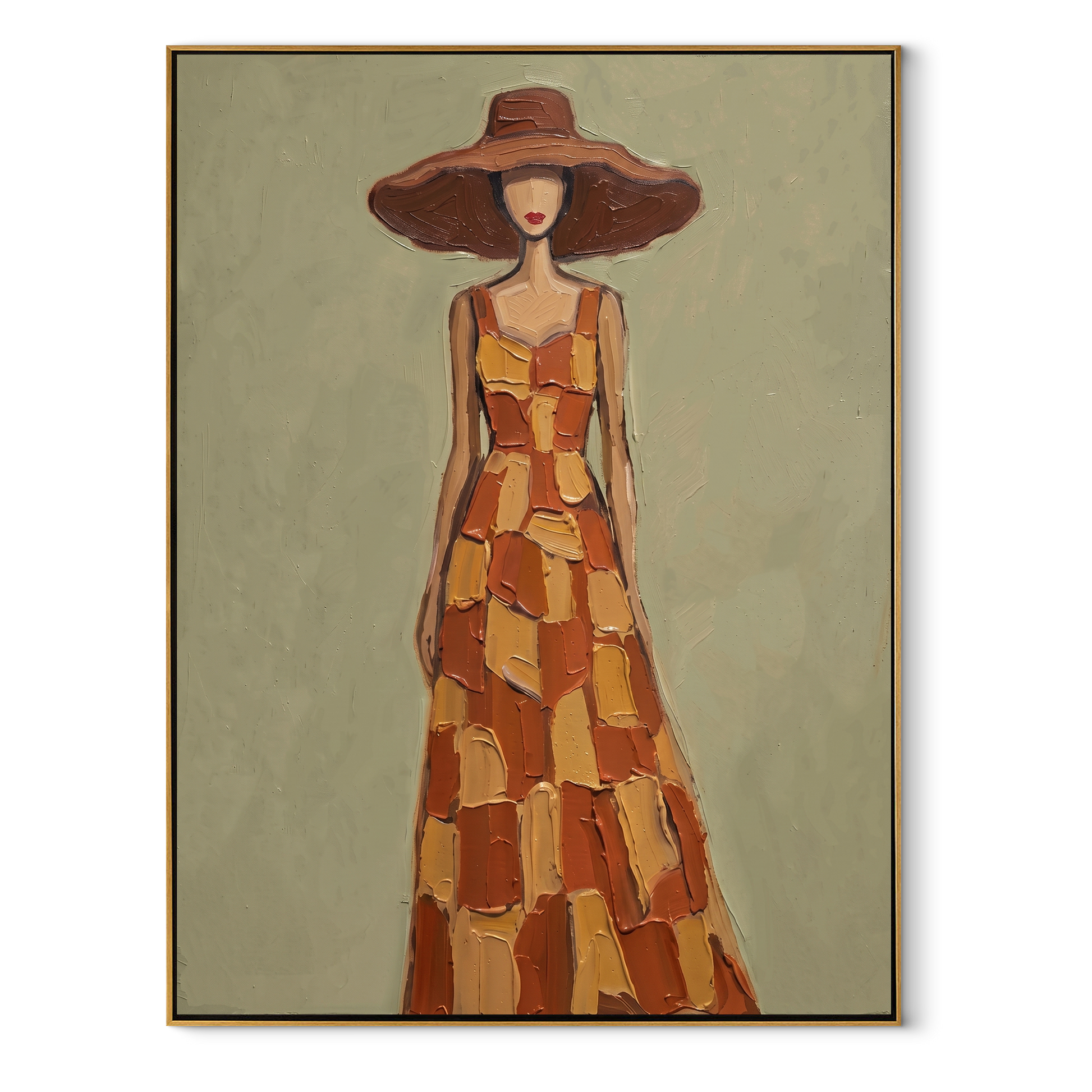 Ochre Checks Walk beneath the Brown Brim - checkered dress woman painting by Marcus Lau, retro modern vertical wall art – wood frame on white background