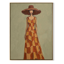 Ochre Checks Walk beneath the Brown Brim - checkered dress woman painting by Marcus Lau, retro modern vertical wall art – wood frame on white background