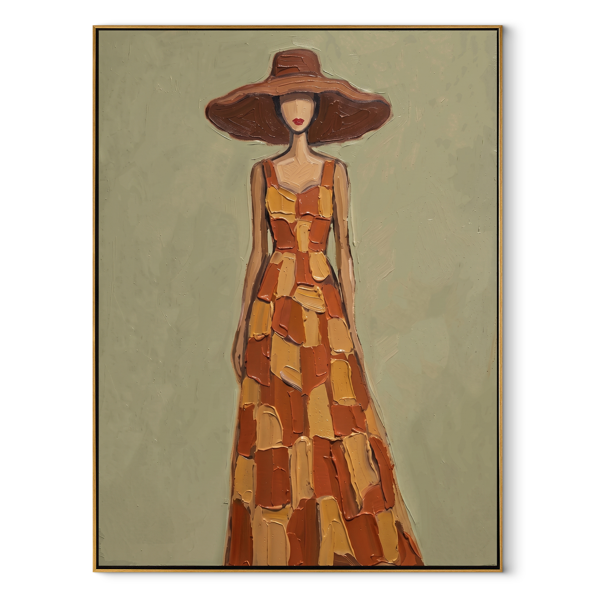 Ochre Checks Walk beneath the Brown Brim - checkered dress woman painting by Marcus Lau, retro modern vertical wall art – wood frame on white background