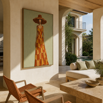 Ochre Checks Walk beneath the Brown Brim - checkered dress woman painting by Marcus Lau, retro modern vertical wall art – styled room scene view 2