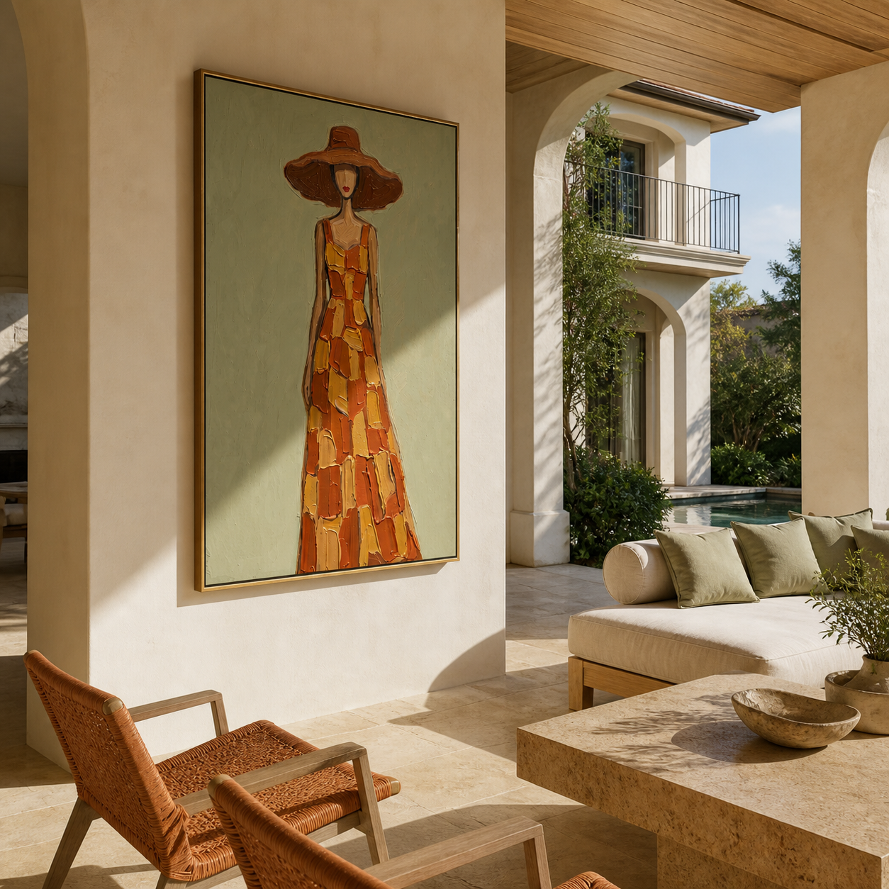 Ochre Checks Walk beneath the Brown Brim - checkered dress woman painting by Marcus Lau, retro modern vertical wall art – styled room scene view 2