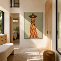Ochre Checks Walk beneath the Brown Brim - checkered dress woman painting by Marcus Lau, retro modern vertical wall art – styled room scene view 3