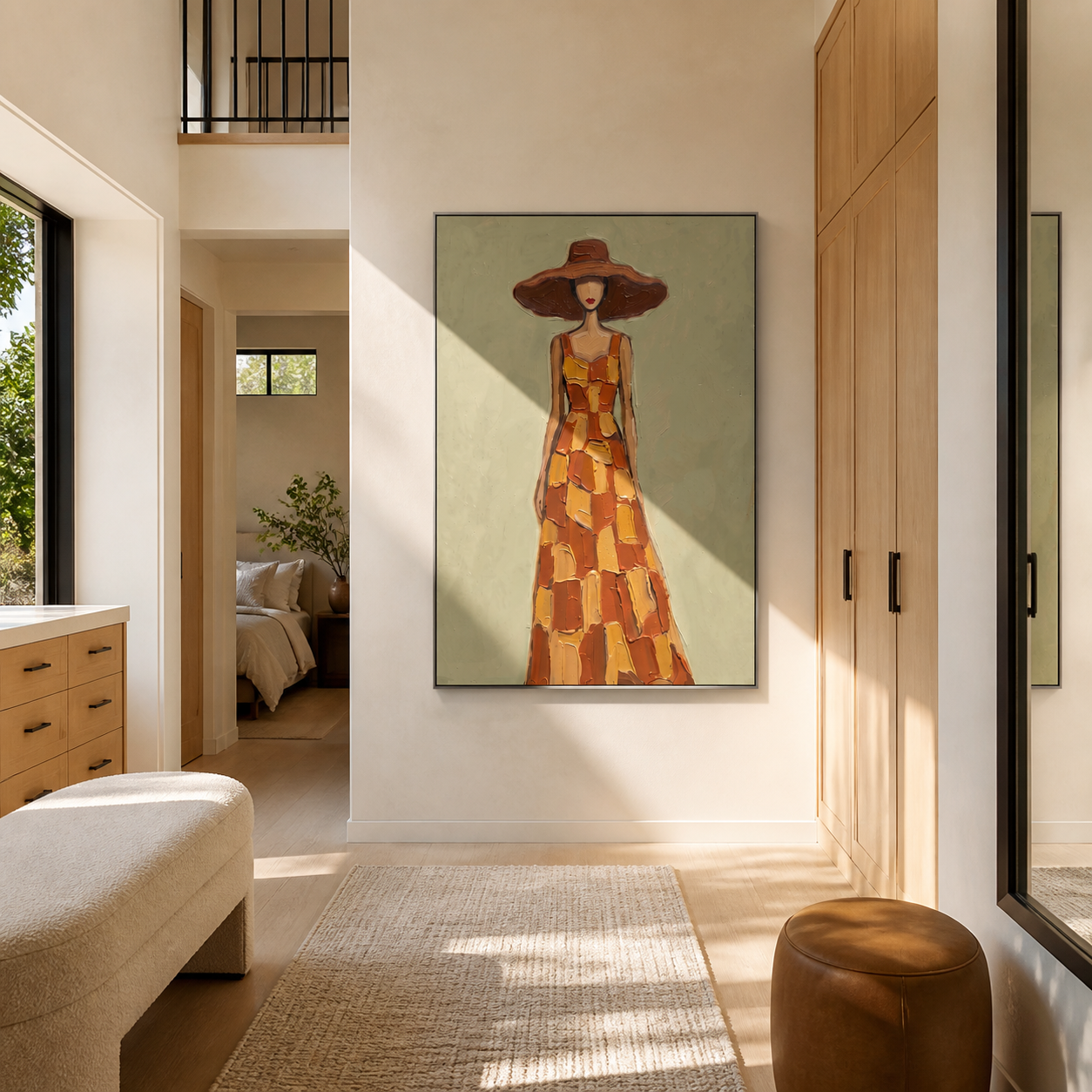 Ochre Checks Walk beneath the Brown Brim - checkered dress woman painting by Marcus Lau, retro modern vertical wall art – styled room scene view 3
