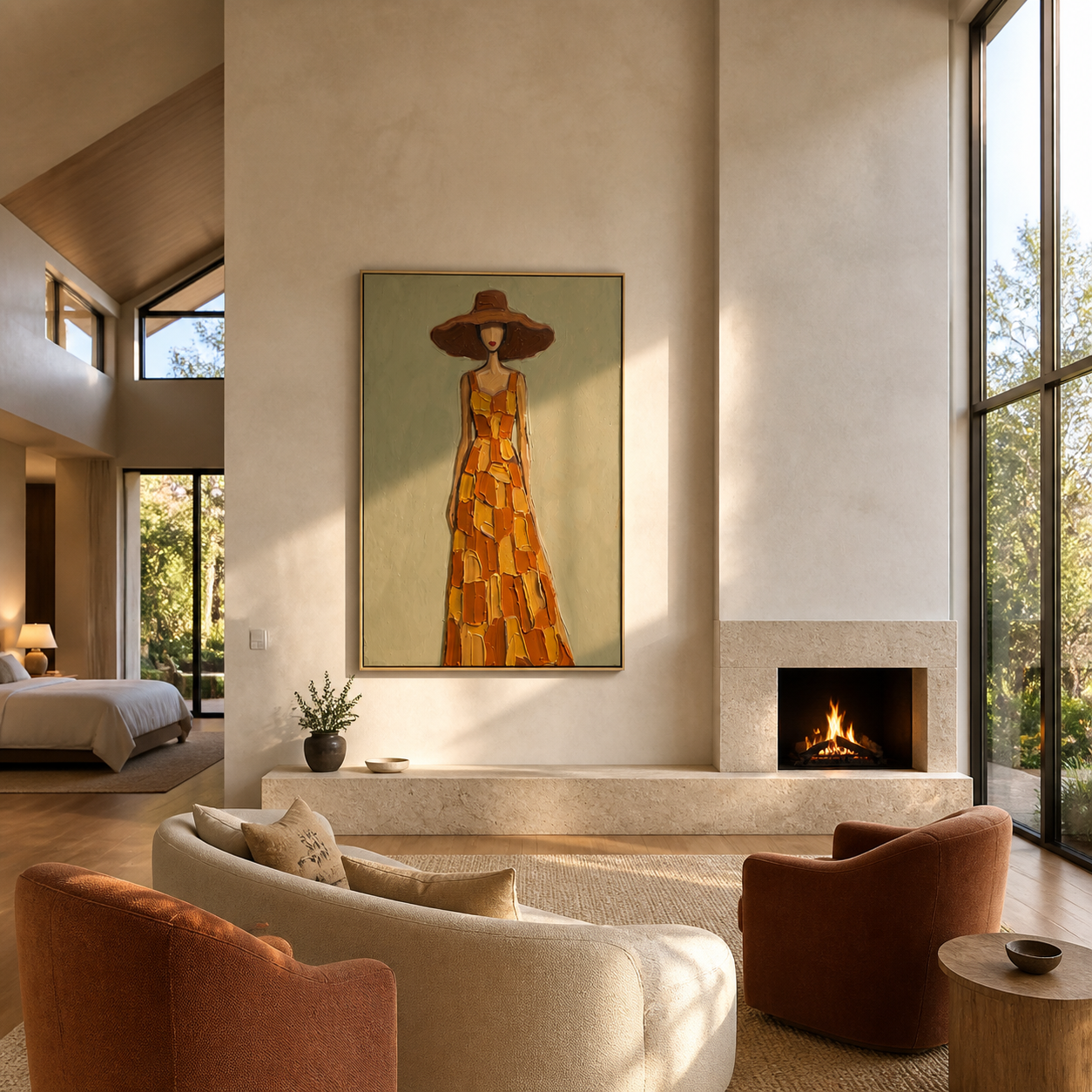 Ochre Checks Walk beneath the Brown Brim - checkered dress woman painting by Marcus Lau, retro modern vertical wall art – styled room scene view 5