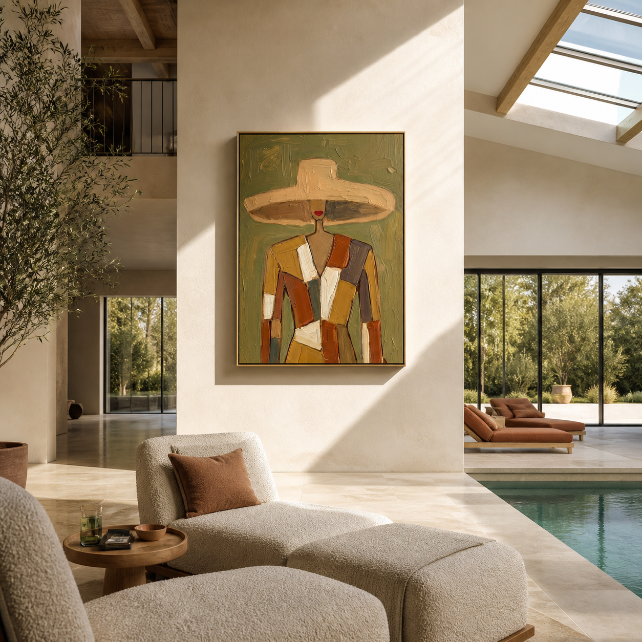 Patchwork Shoulders Meet the Wide Brim - patchwork fashion woman painting by Marcus Lau, retro modern vertical wall art – styled room scene view 1