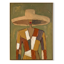 Patchwork Shoulders Meet the Wide Brim - patchwork fashion woman painting by Marcus Lau, retro modern vertical wall art – wood frame on white background